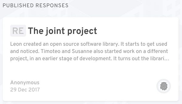 The image displays a user interface element showing a published response titled 'The joint project'.