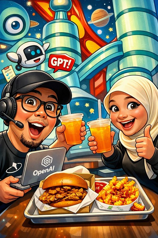 A vibrant digital banner featuring a busy cityscape with mosques and modern buildings under a colorful sky, representing Muslim digital nomads.