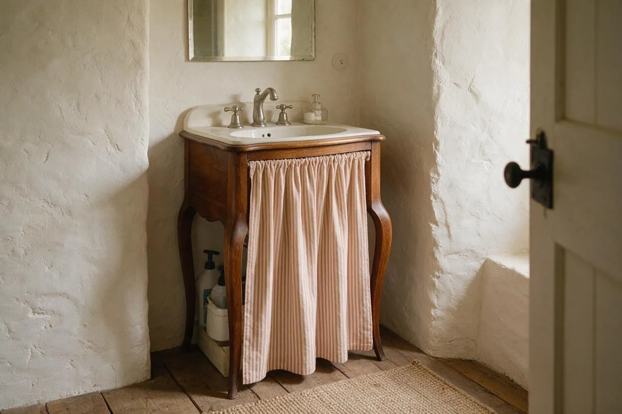 A small powder room with rough plaster walls, a vintage wood vanity, and a white sink under a simple mirror. The vanity is skirted with a soft striped fabric panel, and warm wood floorboards and natural light create a calm French Country feel.