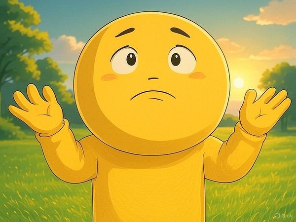 A cartoon character with a yellow round face and a confused expression is depicted in a sunny outdoor setting.