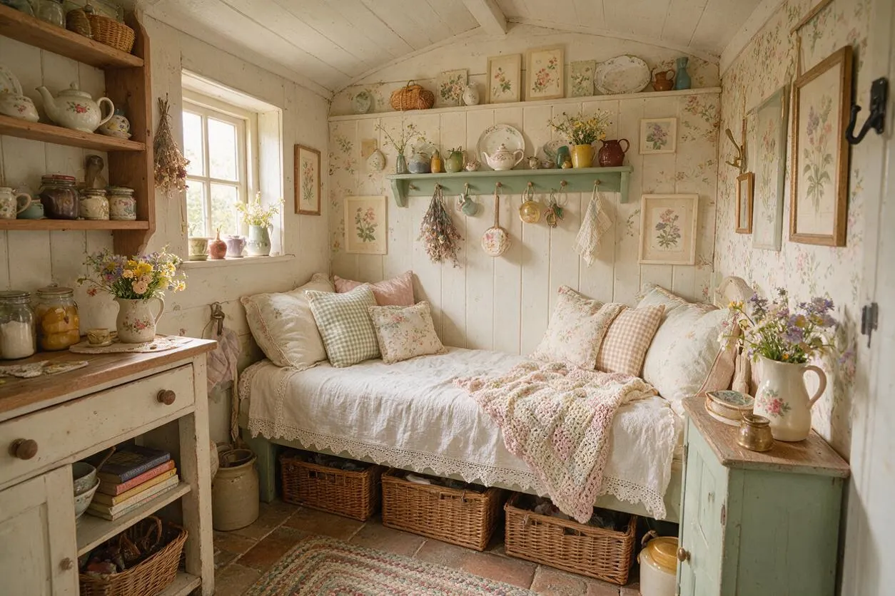 A small cottagecore bedroom with a white daybed covered in linens, lace trim, and pastel floral pillows. The room has open wooden shelves, framed botanical art, woven baskets, a mint shelf with hanging herbs and mugs, and soft natural light from a window.