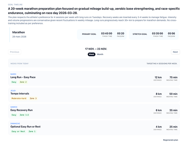 The image displays a detailed 20-week marathon training plan.