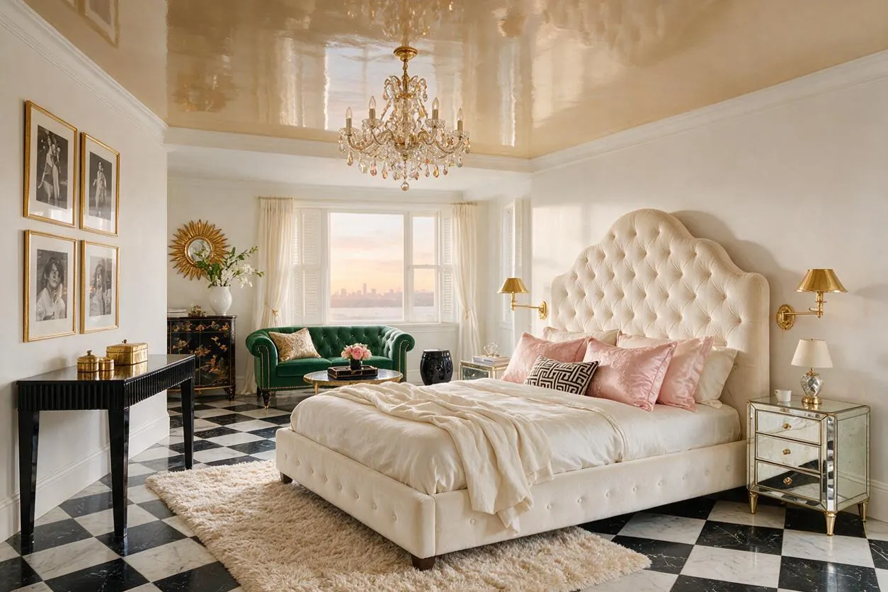 A Hollywood Regency studio apartment with a cream tufted bed, blush pillows, mirrored nightstands, and a crystal chandelier under a glossy gold ceiling. Black-and-white checkerboard flooring, a green velvet sofa, gold wall sconces, and framed black-and-white art create a luxe, dramatic space.
