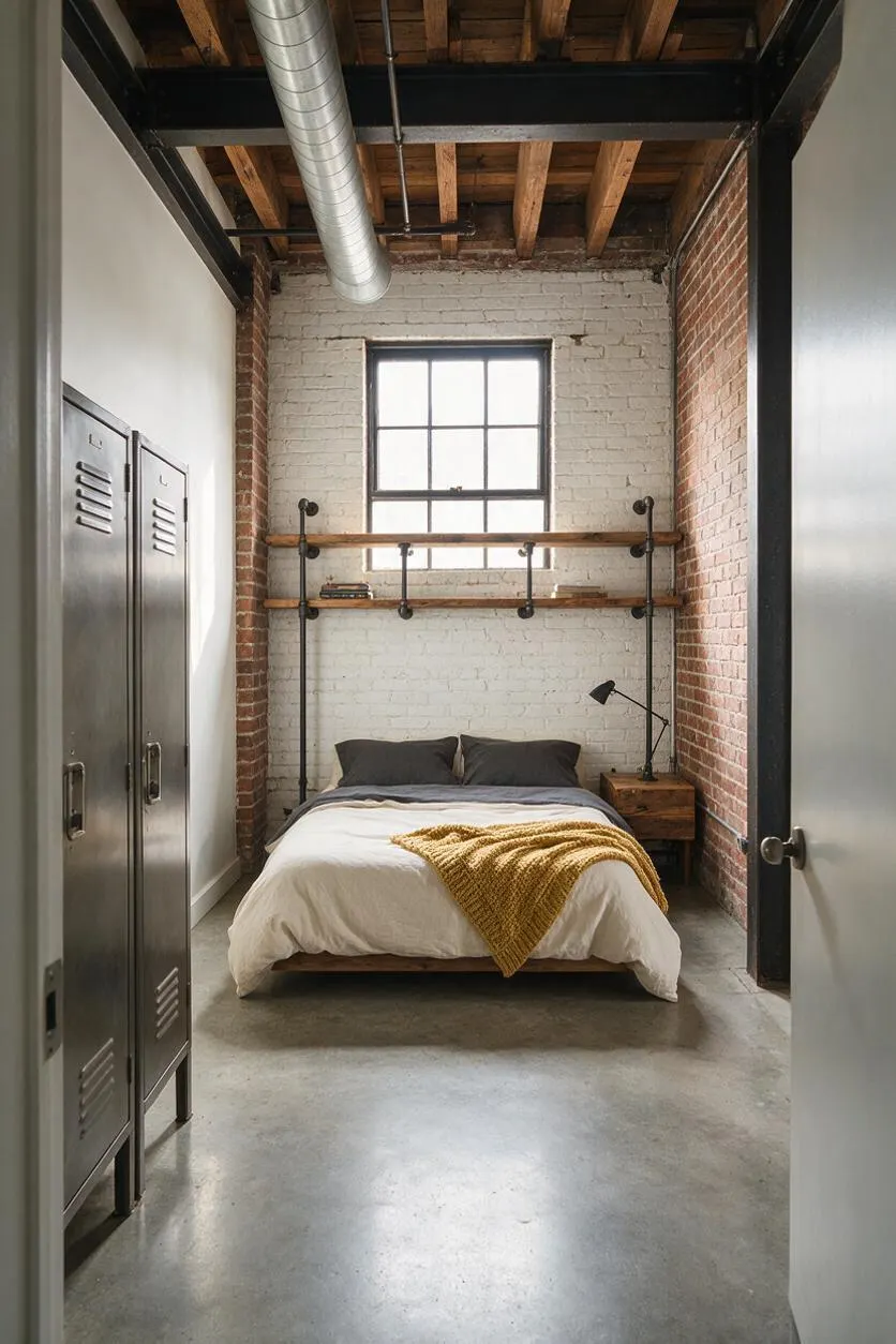 A narrow industrial guest bedroom with exposed brick walls, a white painted brick back wall, and a high ceiling showing dark beams and silver ductwork. A low bed with white bedding, dark pillows, and a mustard knit throw sits beneath a window and wood-and-metal wall shelves, with metal lockers on the left and a small wood nightstand on the right.