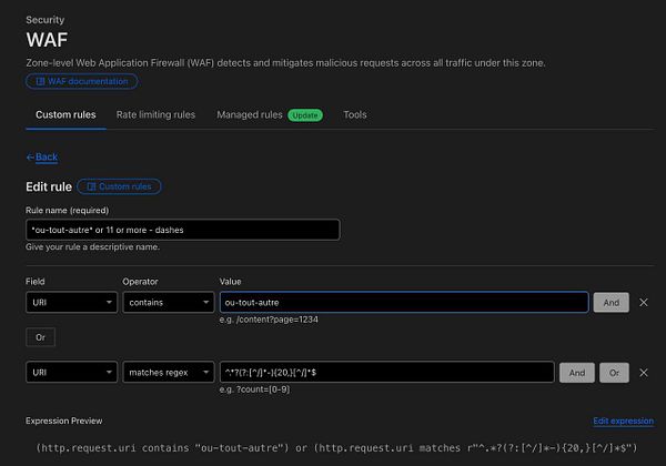 The image displays a web application firewall (WAF) interface for editing custom rules.