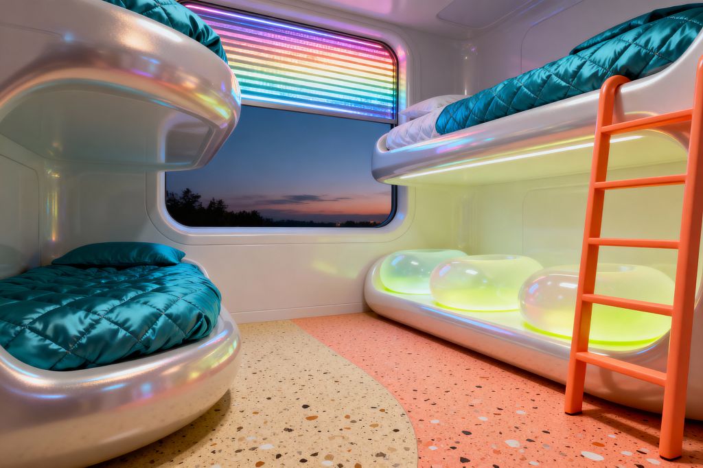 Inside a futuristic kids' room, rounded bunk beds with iridescent, pod-like frames hold teal quilted bedding, reached by a coral ladder. A large rounded window with a rainbow LED valance overlooks a dusk sky; below the upper bunk, translucent bubble forms glow lime, while glossy white walls and a pink-and-sand terrazzo floor with scattered chips create a smooth, playful setting with soft integrated lighting.