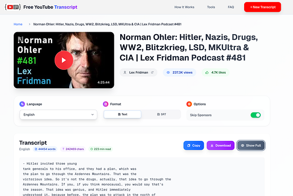 The image displays a YouTube transcript interface for a podcast episode featuring Norman Ohler and Lex Fridman.