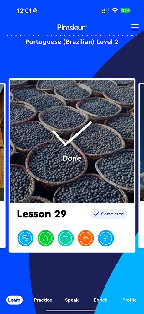 The image displays a completed lesson from the Pimsleur Portuguese language learning app.