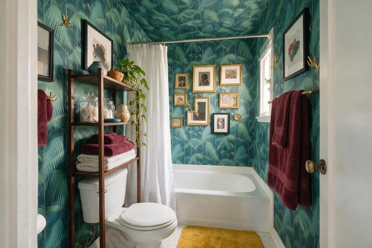 A compact master bathroom with vivid green tropical palm wallpaper covering the walls, a white bathtub, and a toilet beside a tall dark wood shelving unit. Burgundy towels, gold hooks, a mustard rug, and a clustered gallery wall of framed art add layered maximalist character.