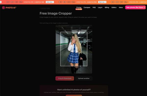 Screenshot of the Free Image Cropper web interface with a photo of a smiling woman being edited.