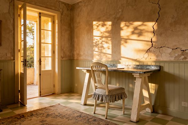 A sunlit home office with distressed beige plaster walls and sage-green beadboard wainscoting features a white trestle desk topped with galvanized metal and a vintage wooden chair with a ruffled gingham seat. Late-afternoon light streams through open French doors, projecting tree shadows across the wall, while a cream and pale-mint checkerboard floor and a faded rug add to the softly worn, shabby chic aesthetic.