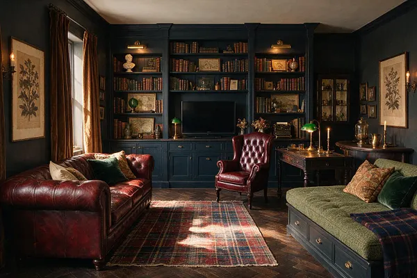 A moody media room with dark blue built-in bookshelves framing a television, filled with old books and decorative objects. The room features a burgundy leather sofa and armchair, a green upholstered daybed, plaid rug, brass lamps, framed botanical art, and warm daylight filtering through heavy curtains.