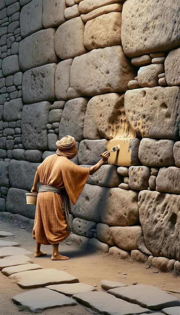 An image of a person applying distemper paint to an old stone wall, highlighting the paint's natural and matte finish.