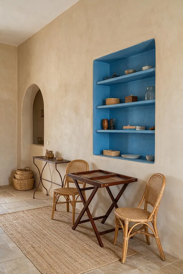 A Mediterranean-style game room with textured beige plaster walls, a bright blue recessed shelving niche, and a small folding game table centered between two woven rattan chairs. A narrow console, baskets, and a natural jute rug add warmth, while arched openings and stone tile flooring enhance the relaxed, rustic feel.