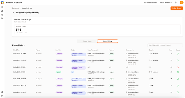 The image displays a detailed usage analytics page from Heatbot.io Studio.