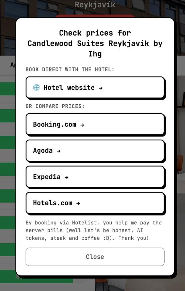 A hotel price check interface for Candlewood Suites Reykjavik with direct booking and price comparison options from various platforms.