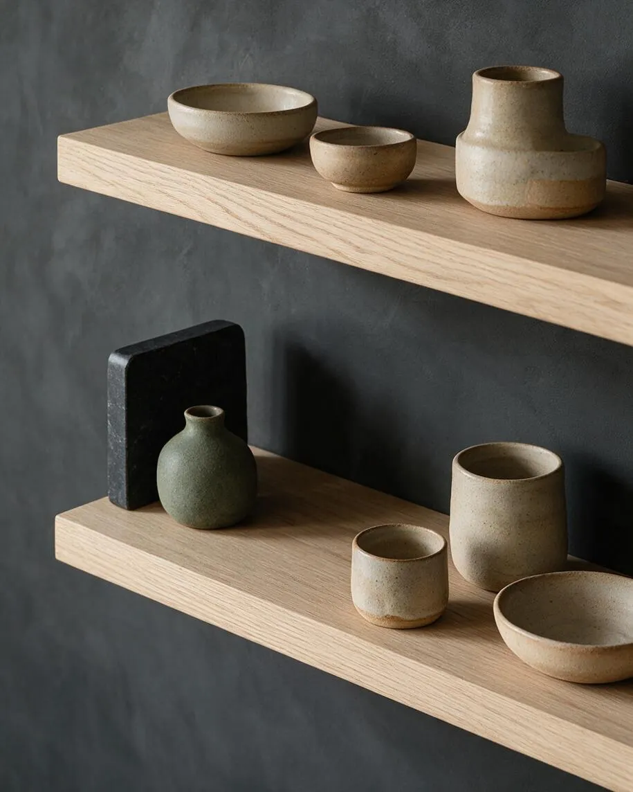 Two floating light oak shelves are mounted on a dark charcoal wall and styled with simple ceramic vessels in beige and muted green. The arrangement feels calm and balanced, with clean lines and natural textures typical of Japandi design.