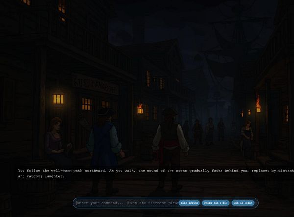 A scene from a pirate-themed adventure game set in a dimly lit coastal town.