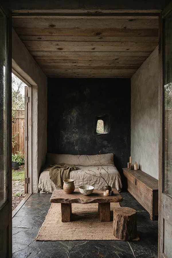 A small backyard retreat styled in wabi-sabi fashion, with a low linen-covered daybed against a dark textured wall, a rough wooden coffee table on a woven rug, and a stump stool beside it. Natural wood, muted plaster, and an open doorway to the garden create a calm, weathered, organic atmosphere.