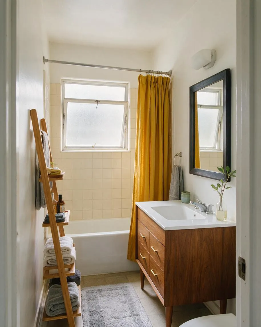 A narrow master bathroom with a walnut vanity, white countertop, black-framed mirror, and mustard-yellow shower curtain. A wooden ladder shelf holds towels and bath products beside a small tiled tub and frosted window, creating a warm mid-century modern look.