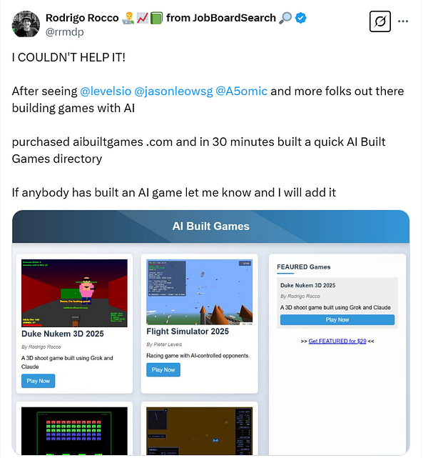 A Twitter post showcasing a directory of AI-built games.