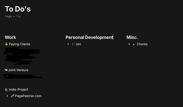 A digital to-do list organized into three main categories: Work, Personal Development, and Miscellaneous.