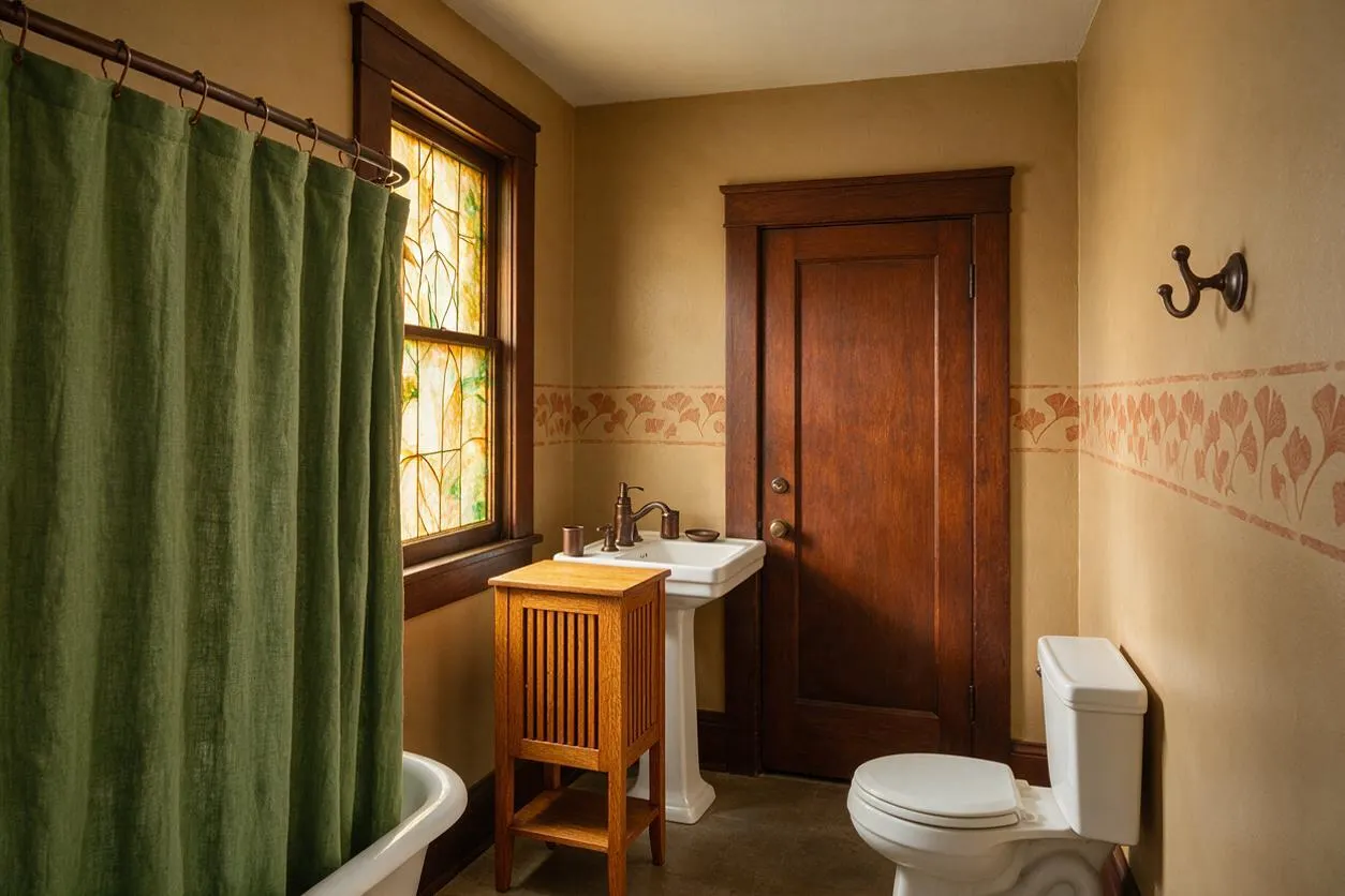 A Craftsman-style bathroom with beige walls, a dark wood door and window trim, a stained glass window, and a green shower curtain. The room includes a white pedestal sink, a white toilet, a small wood cabinet, and a decorative floral border running around the walls.