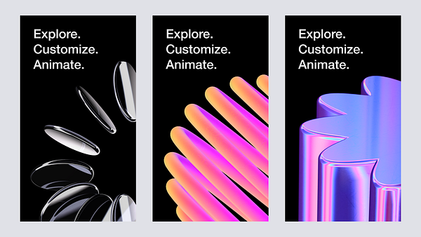 The image features three vertical panels showcasing abstract 3D designs with the same text across all panels.