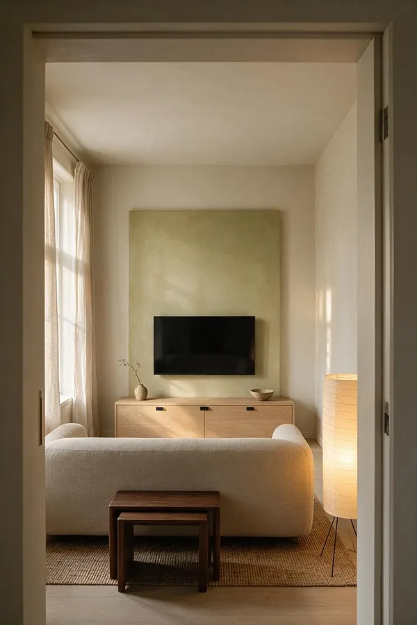 A calm Japandi-style media room seen through a doorway, featuring a wall-mounted TV centered on a pale green textured panel above a light wood media console. A cream sofa faces the screen, with nested dark wood tables on a woven rug, sheer curtains on the left window, and a paper floor lamp glowing softly on the right.