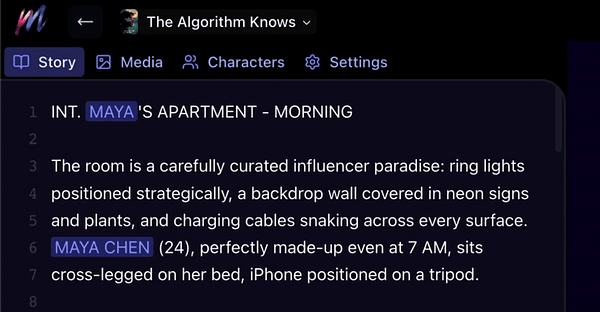 A script excerpt describes a scene in Maya's apartment, highlighting its influencer aesthetic.