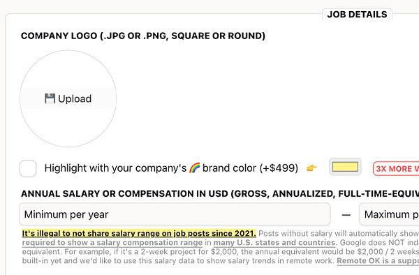 The image displays a job posting interface with sections for company logo upload and salary details.