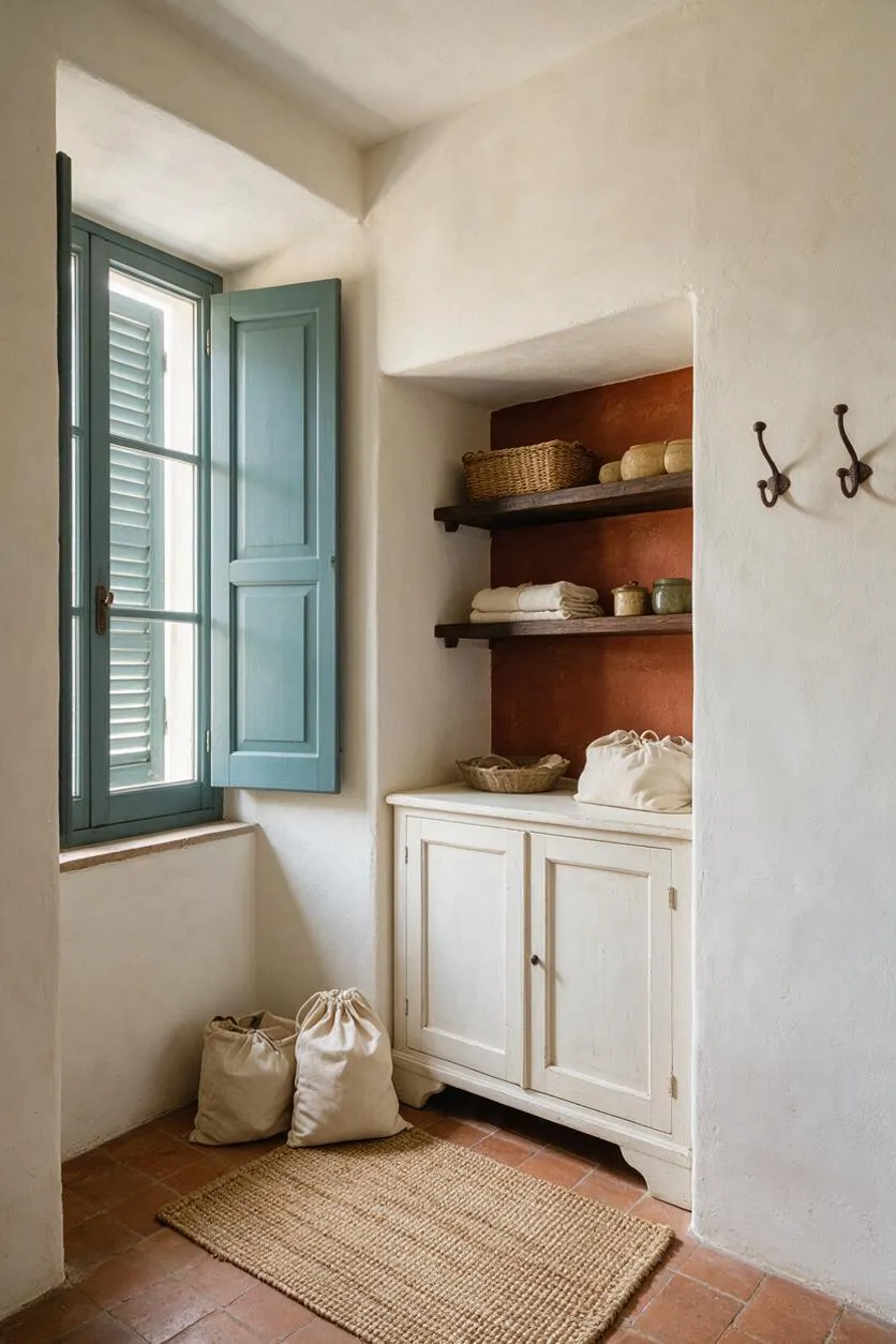 A compact Mediterranean-style closet nook with white limewashed walls, a pale blue window shutter and frame, and two dark wooden shelves over a white cabinet. Woven baskets, canvas storage bags, and a natural jute rug add texture, while terracotta floor tiles and warm earthy tones create a calm rustic atmosphere.