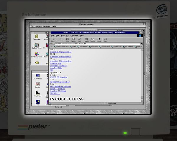 Screenshot of a webpage titled Pieter.com showing links to various downloadable game files from archive.org.