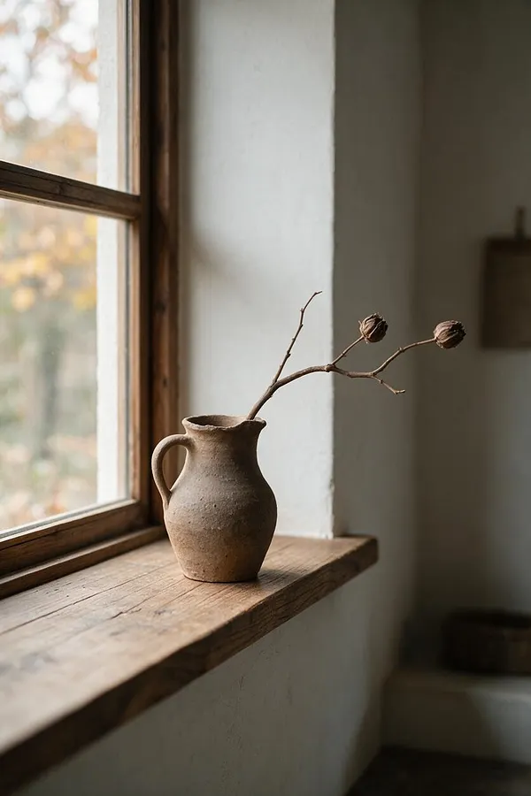 A simple Wabi-Sabi vignette featuring a small handmade clay pitcher with a twig and dried seed pods, placed on a weathered wooden windowsill beside a wooden-framed window. Soft natural light enters from the left, highlighting the imperfect textures and muted earthy tones.