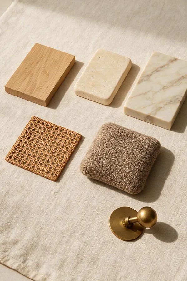 A flat lay of six organic modern material samples arranged on a soft beige linen fabric. The samples include light oak wood, creamy stone, white marble with warm veining, woven rattan, bouclé-like textured fabric, and a brushed brass knob.