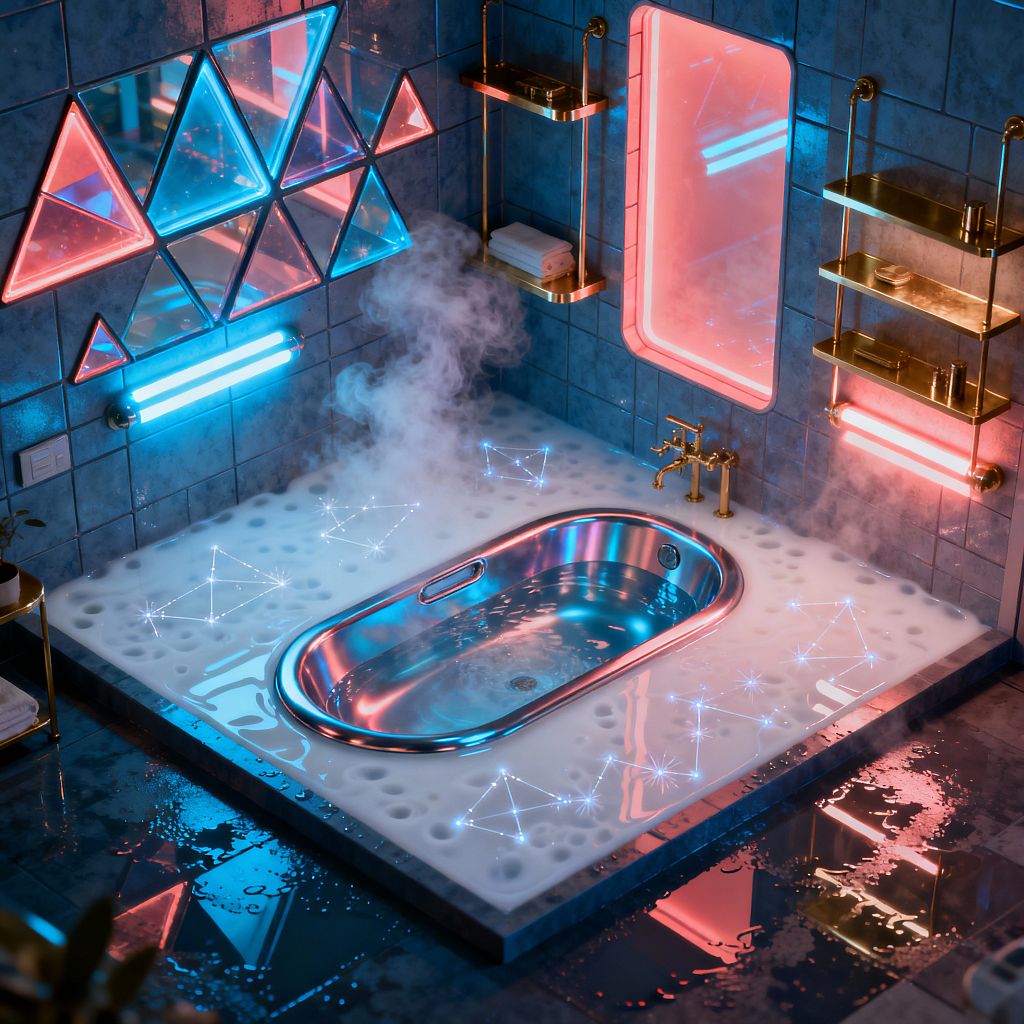 A cyberpunk-inspired bathroom with deep blue ceramic tile walls and a stainless steel oval soaking tub recessed into a white, dimpled platform. Neon blue and hot pink lighting backlights triangular mirrored panels, a vertical mirror niche, and tube sconces; steam rises from the tub, small constellation LEDs sparkle across the deck, brass faucets and shelving gleam, and a glossy dark floor reflects the colorful glow and scattered water.
