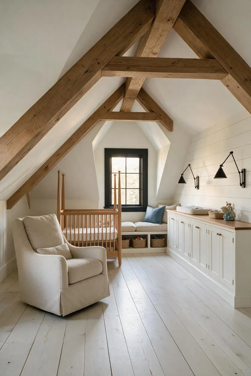A bright farmhouse nursery with a vaulted ceiling and large exposed wooden beams, white plank floors, and a black-framed window centered at the back wall. The room includes a natural wood crib, a cream upholstered rocking chair, built-in storage cabinets with a wood top, and simple black wall sconces.