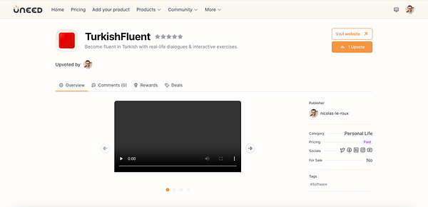 The image displays a product page for 'TurkishFluent' on the Uneed platform.