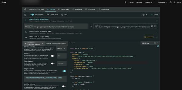The image displays a user interface of the AI web scraper tool from jina.ai, showcasing its features and a code snippet.