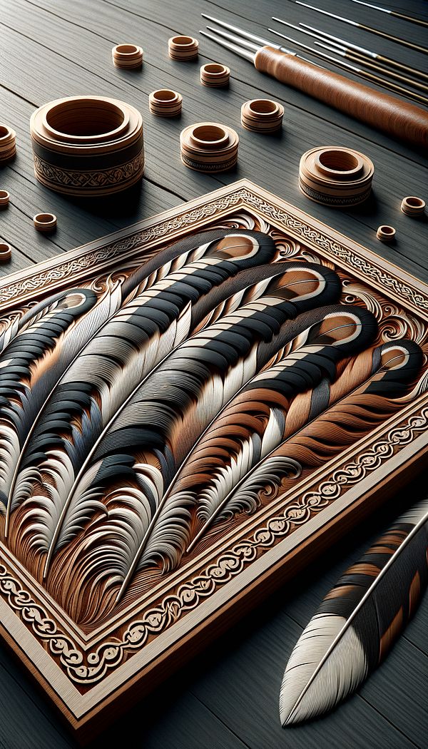 a detailed close-up of feather banding on a wooden table, showing the contrasting inlay pattern