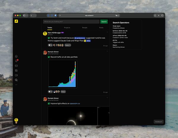 Screenshot of a dark-themed search interface on wip.co focusing on Todos with user posts, search operators guide, and navigation icons.