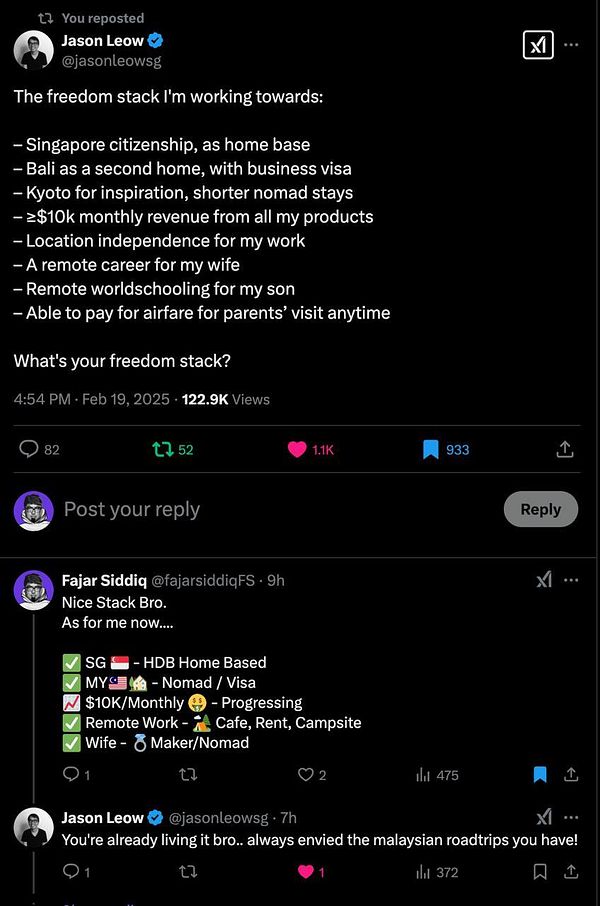 A Twitter conversation discussing personal goals and lifestyle aspirations.