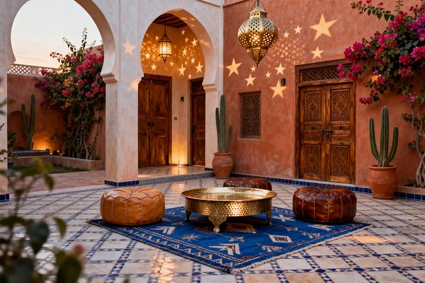 At dusk, a Moroccan courtyard features terracotta plaster walls, carved wooden doors, and arched colonnades surrounding a cream-and-blue zellige patio where a deep blue Berber rug anchors a low hammered-brass tray table ringed by leather poufs. Pierced-brass lanterns cast star-shaped patterns across the walls as bougainvillea vines and tall cacti in terracotta pots add greenery, while warm ambient lighting along the base and archways creates an intimate, inviting atmosphere.