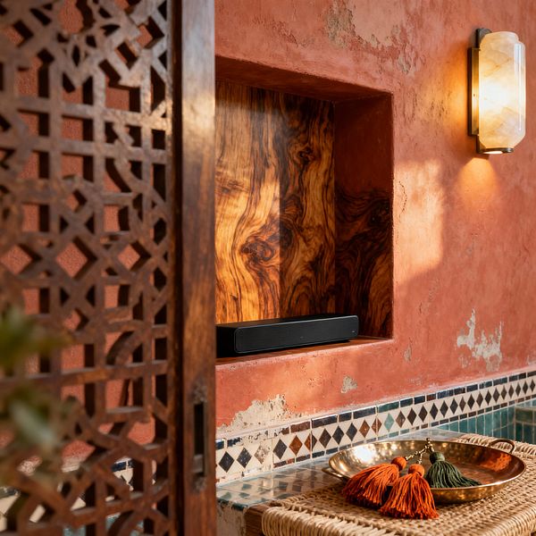 Close-up of a Moroccan-style media room wall with terracotta tadelakt plaster and a recessed niche lined in figured wood, housing a slim black soundbar. A carved wooden mashrabiya screen, an alabaster-and-brass wall sconce, glossy green zellige tiles with a black-and-white geometric border, and a woven surface holding a brass tray with rust and olive tassels create a warm, handcrafted scene that integrates audio equipment discreetly.