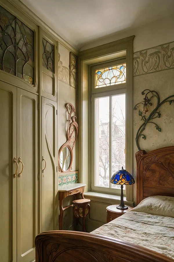 A narrow Art Nouveau bedroom with olive-green built-in cabinetry, a carved wooden bed, and a large window topped by a stained-glass transom. A curving floral wall sconce, ornate vanity, and blue stained-glass table lamp add decorative detail, while soft cream walls and patterned trim create a romantic, vintage atmosphere.
