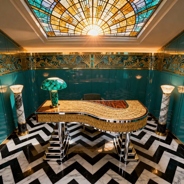 An Art Deco home office with teal lacquered wall panels and a gilded frieze encircling the room, centered beneath a stained-glass sunburst skylight. A curving desk with chrome stepped legs and a straw-marquetry top sits on a black-and-white chevron marble floor, flanked by marble torchieres; a green stained-glass desk lamp and brass trim add warm, glamorous accents.