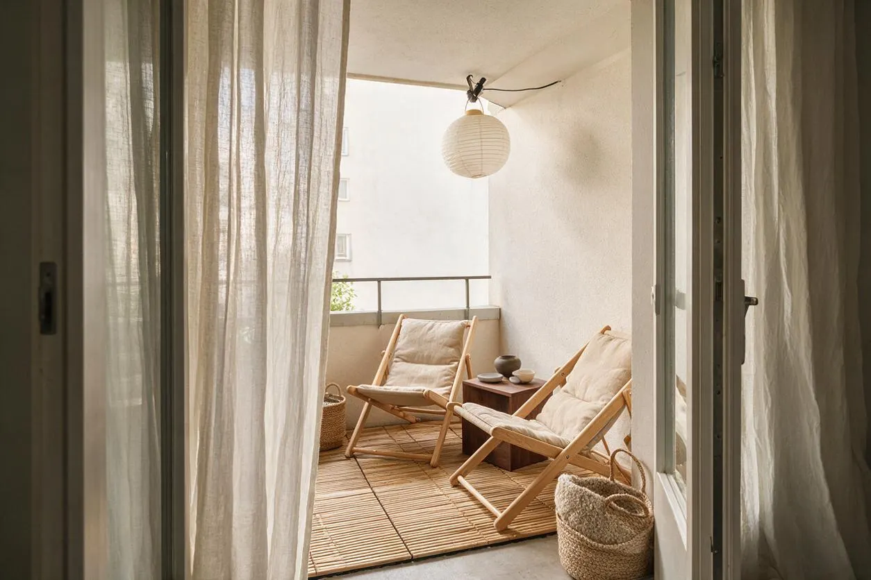 A small Japandi-style patio with two light wood lounge chairs and cream cushions arranged around a low wooden table. Sheer linen curtains frame the view, while a paper lantern, woven baskets, and a bamboo mat add soft natural textures in a warm neutral palette.