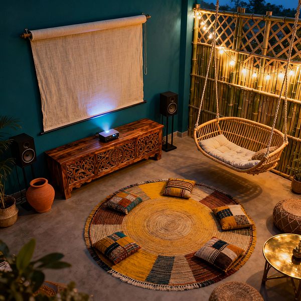 An intimate bohemian media room shows a teal wall with a linen roll-down projection screen above a carved wooden console holding a small projector, flanked by two black speakers. To the right, a rattan hanging loveseat with a cream cushion faces a round jute rug in mustard, teal, and rust, surrounded by patchwork floor cushions and woven poufs. A bamboo lattice wall strung with warm bulbs, potted plants, and a terracotta jar add earthy texture, with a small brass-topped table on a concrete floor.