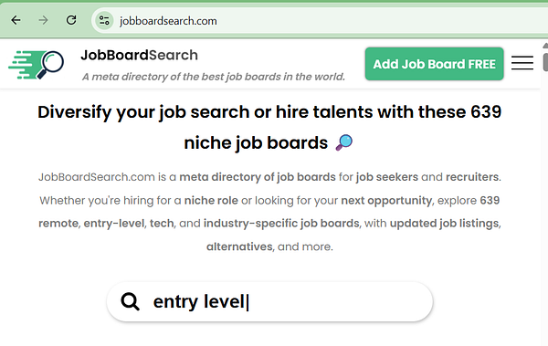 The image displays a webpage for JobBoardSearch, highlighting its features and search functionality.