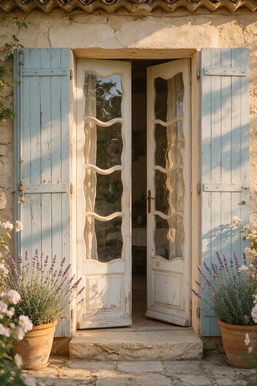 A rustic French Country exterior with pale blue wooden shutters framing double cream-painted doors with wavy glass panels. Terracotta pots of lavender flank the stone doorway, and warm sunlight highlights the textured stucco wall, weathered wood, and old stone threshold.